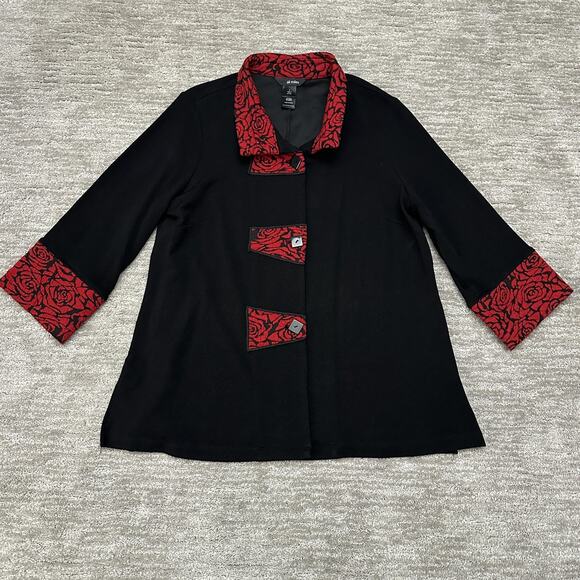 Ali Miles Jackets & Blazers - Ali Miles Jacket Womens Large Black Red Rose Trim 3/4 Sleeve Button Front